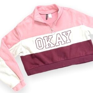 Divided Pink Color‎ Block Stripe Cropped Pullover Quarter Zip Sweatshirt Small